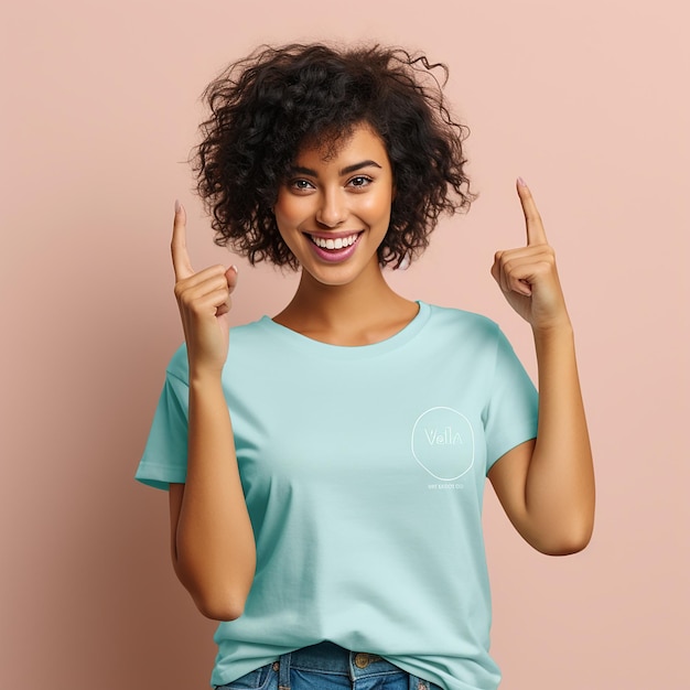 cute women Person with excited expression pointing to tshirt mockup