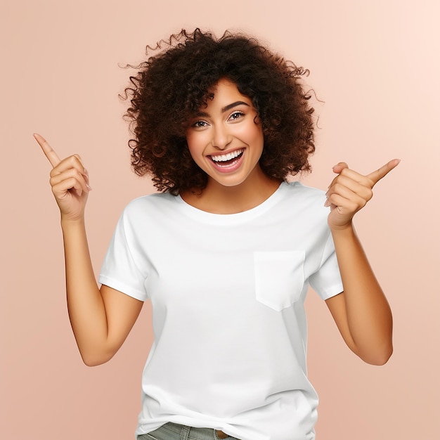 cute women Person with excited expression pointing to tshirt mockup