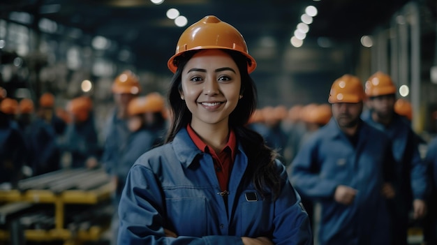 Cute worker girl smiles In factory