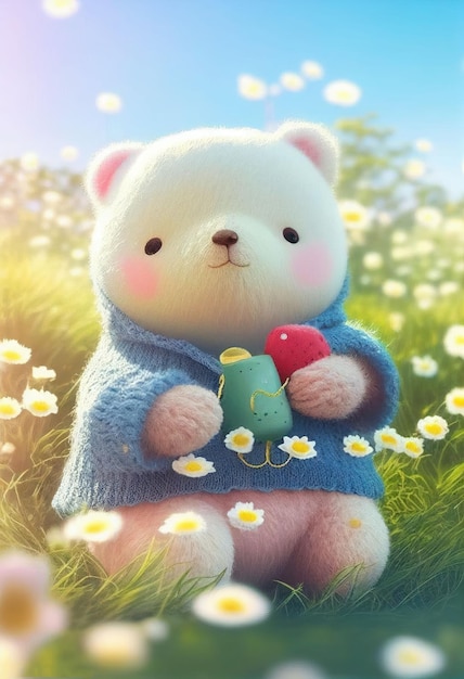 Cute yarn doll teddy bear in field of flower on glowing light Created with Generative AI technology