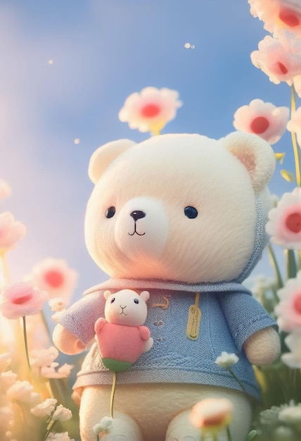 Cute yarn doll teddy bear in field of flower on glowing light Created with Generative AI technology