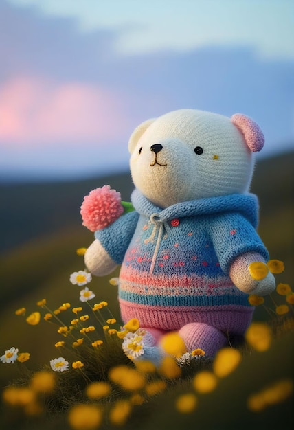 Cute yarn doll teddy bear in field of flower on glowing light Created with Generative AI technology