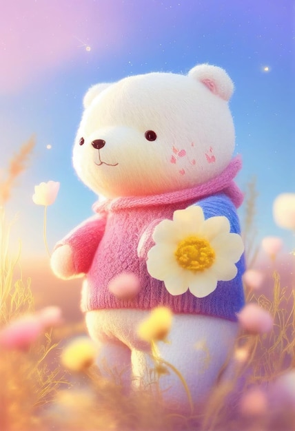 Cute yarn doll teddy bear in field of flower on glowing light Created with Generative AI technology