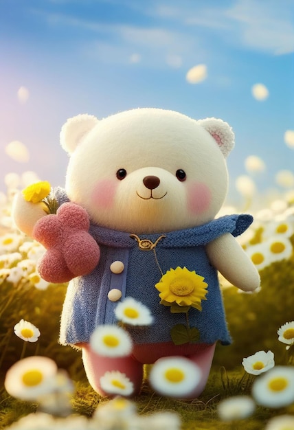 Cute yarn doll teddy bear in field of flower on glowing light Created with Generative AI technology