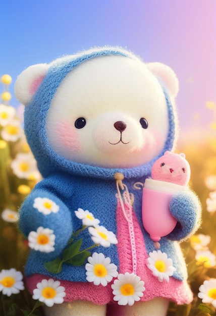 Cute yarn doll teddy bear in field of flower on glowing light Created with Generative AI technology