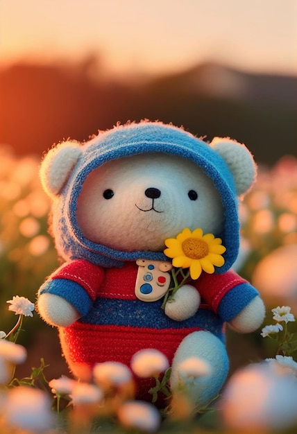 Cute yarn doll teddy bear in field of flower on glowing light Created with Generative AI technology