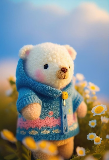 Cute yarn doll teddy bear in field of flower on glowing light Created with Generative AI technology