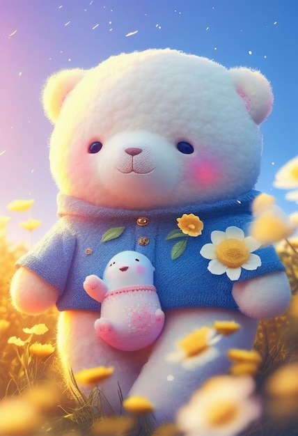 Cute yarn doll teddy bear in field of flower on glowing light Created with Generative AI technology