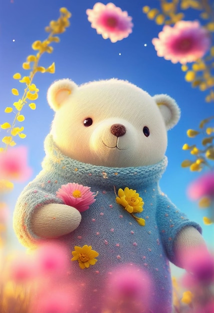 Cute yarn doll teddy bear in field of flower on glowing light Created with Generative AI technology