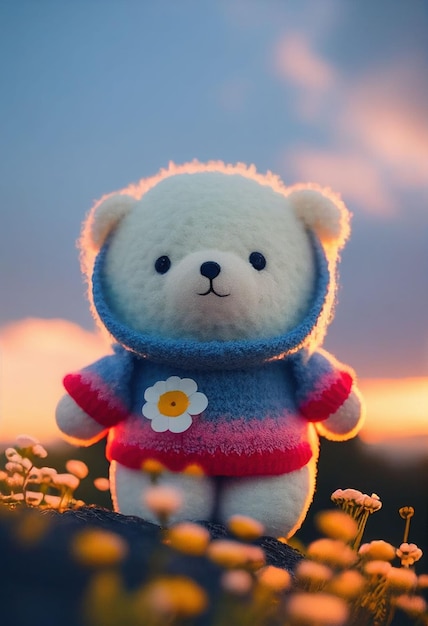 Cute yarn doll teddy bear in field of flower on glowing light Created with Generative AI technology