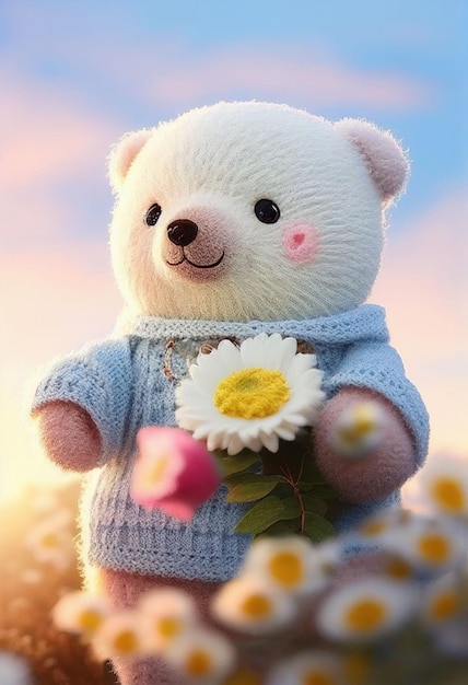 Cute yarn doll teddy bear in field of flower on glowing light Created with Generative AI technology