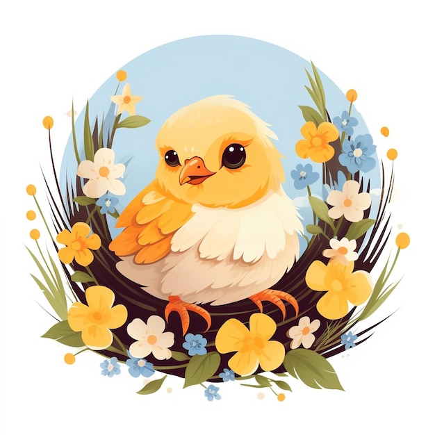 Cute yellow bird in nest with flowers Chick children character Spring Cartoon Generative AI