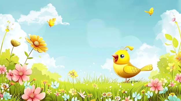 Photo a cute yellow bird singing in a field of flowers