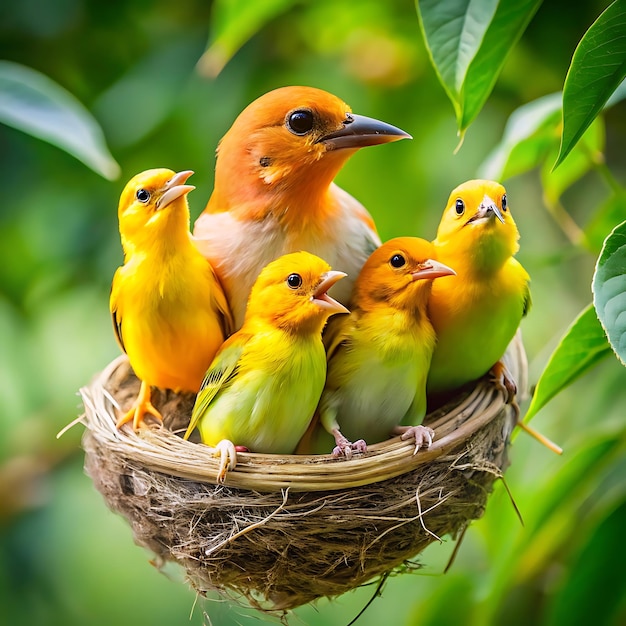 Photo cute yellow birds perched on a nest newborn baby bird in nature