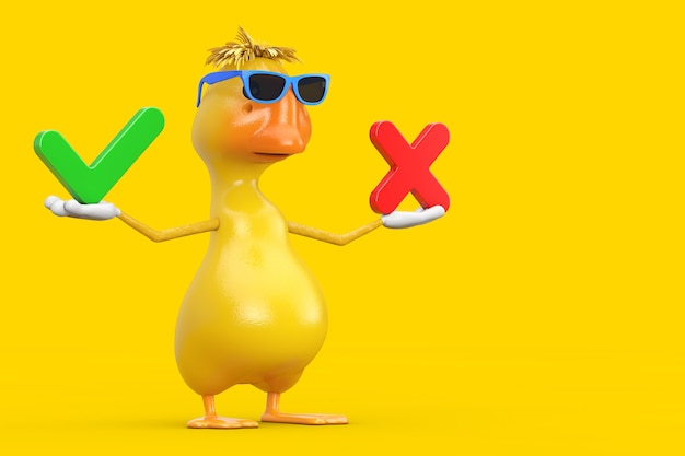 Cute Yellow Cartoon Duck Person Character Mascot with Red Cross and Green Check Mark, Confirm or Deny, Yes or No Icon Sign on a white background. 3d Rendering