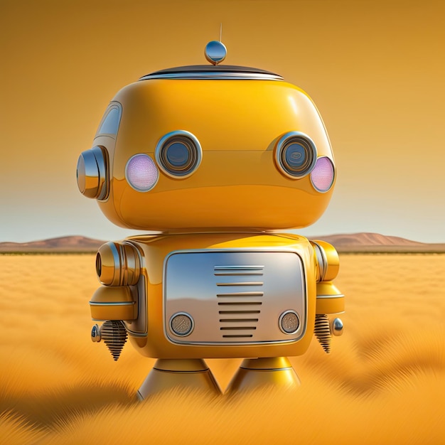 Cute yellow cartoon robot in a yellow field Rustic metal toy cyborg android friend