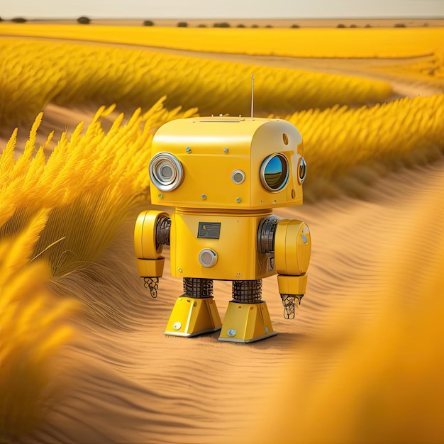 Cute yellow cartoon robot in a yellow field Rustic metal toy cyborg android friend