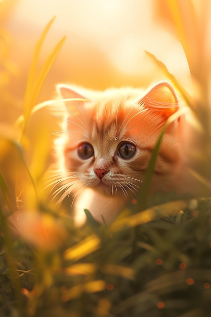 A cute yellow cat in a field of flowers