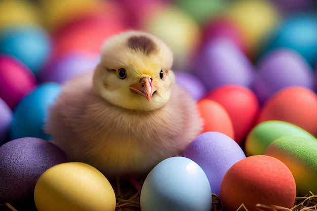 Cute yellow chick near easter eggs