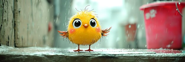 Photo cute yellow chick in the rain