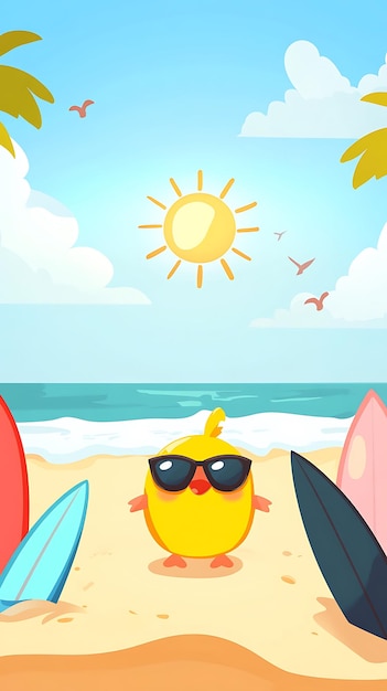 Cute Yellow Chick Wearing Sunglasses on a Beach with Palm Trees and Surfboards