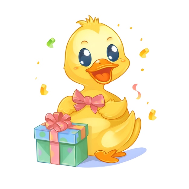 Cute yellow duck with gift box and confetti Vector illustration