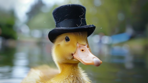 Photo a cute yellow duckling wearing a tiny top hat looks at the camera