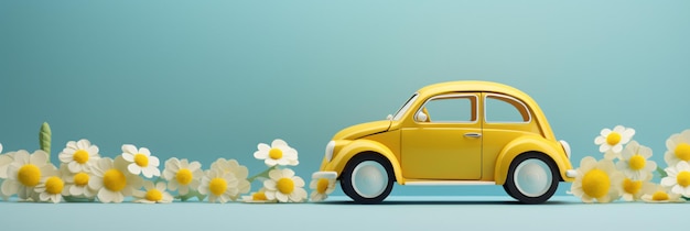 Cute yellow paper car with white spring flowers on blue background