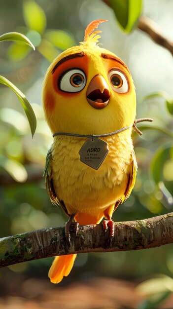 Cute yellow parrot on a tree branch with a happy face