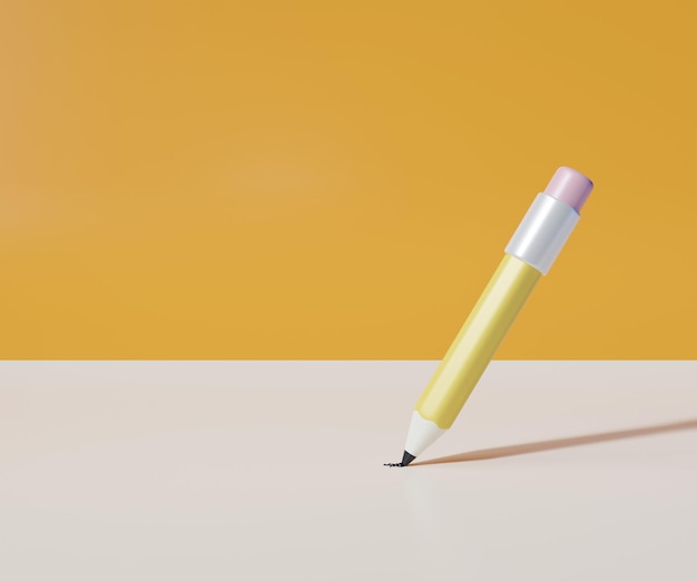 cute yellow pencil and paper write orange background 3d render