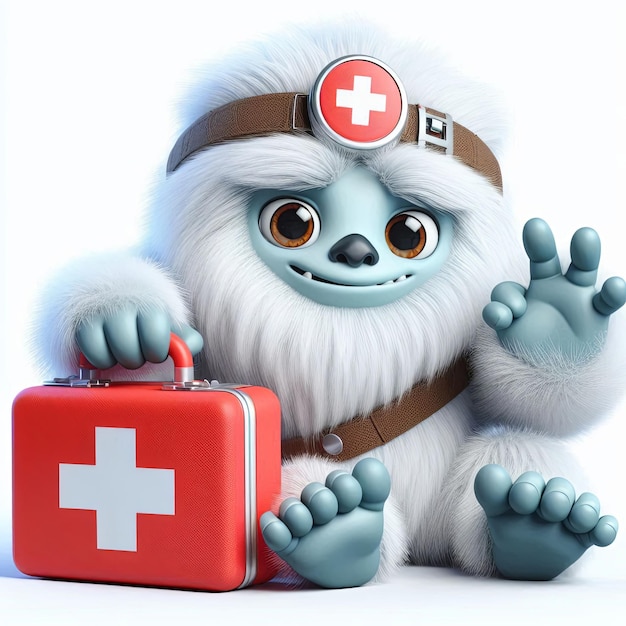 cute yeti with first aid kit cartoon 3d