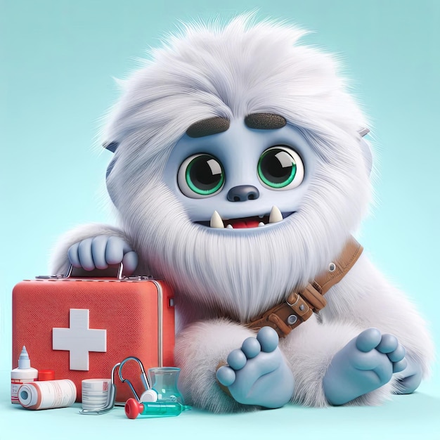 cute yeti with first aid kit cartoon 3d