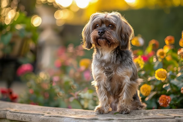 Cute Yorkie Dog Sitting on Wooden Board in Lush Garden with Vibrant Flowers During Golden Hour