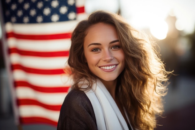 A cute young american woman and USA flag smiling Independent of USA