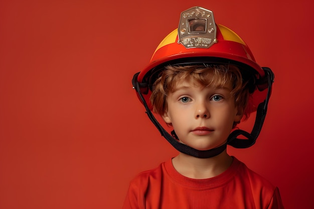 Photo cute young boy trying on real firemans helmet on solid background