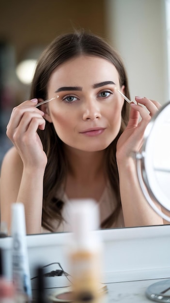 Cute young caucasian woman takes care of her face by applying oil to her eyebrows and eyelashes bru