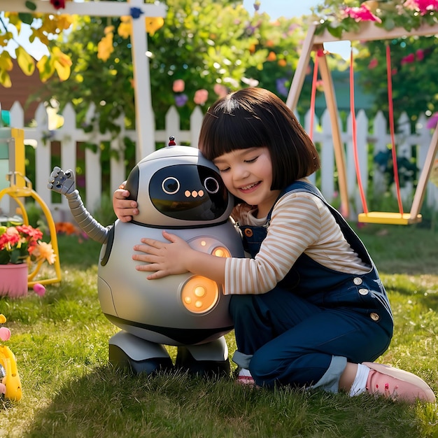 Cute young girl hugging her humanoid robot and smiling