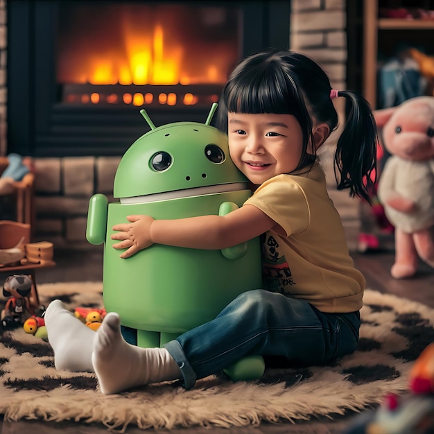 Cute young girl hugging her humanoid robot and smiling