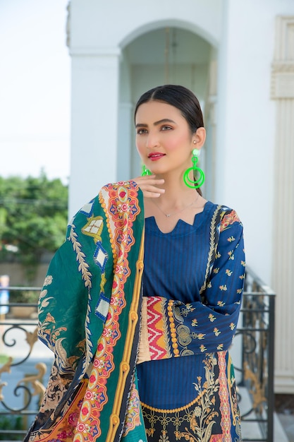 Cute Young Girl Portrait Wearing Blue Desi Dress for Fashion Soot