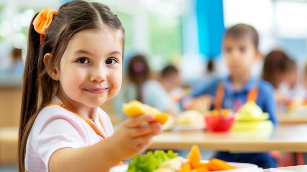 Cute Young girl pre schooler sitting in the school lunch time