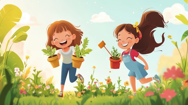 Photo cute young girls joyfully running around a blooming garden