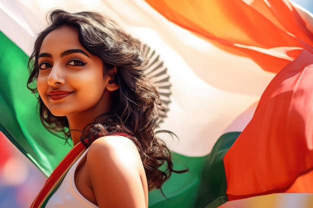 A cute young indian woman and Indian flag smiling Independent of India