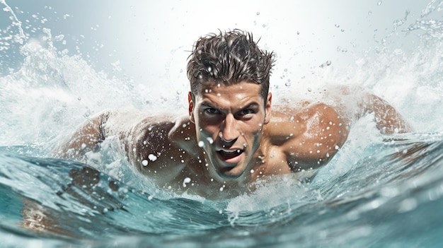 Cute Young man swimming the front crawl in a pool AI generated image