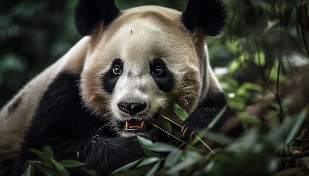 Cute young panda sitting in nature lap generated by AI