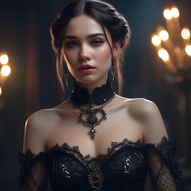 a cute young woman in an elegant black dress in a night setting