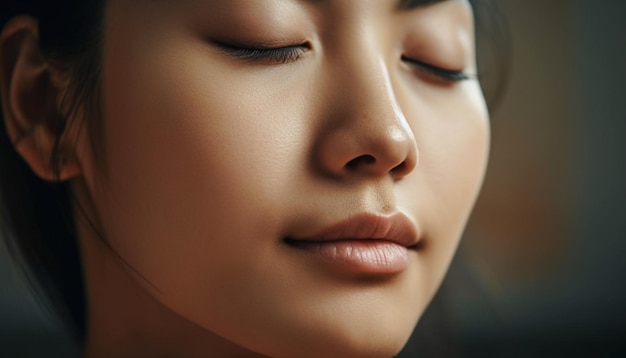 Cute young woman looking at beauty product indoors generated by AI