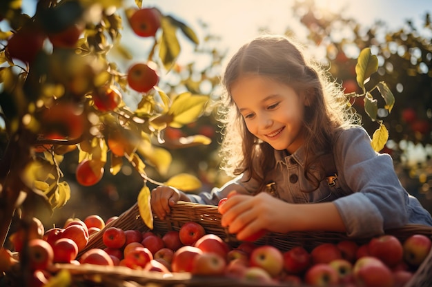 Cute young woman pick up fruits in autumn farm