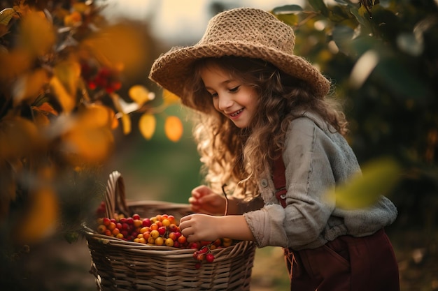 Cute young woman pick up fruits in autumn farm