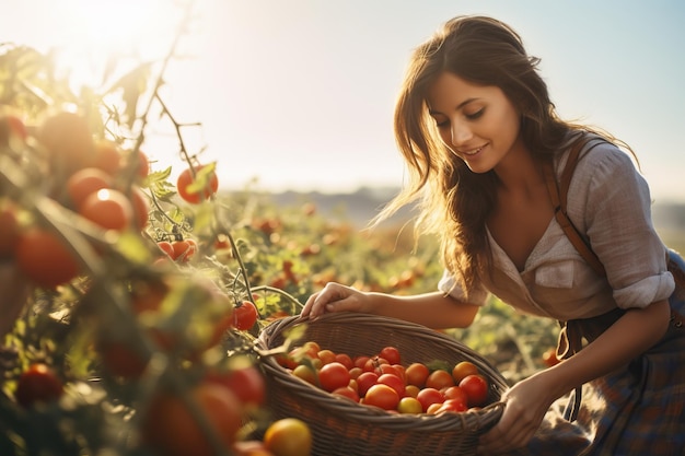 Cute young woman pick up tomatoes in autumn farm