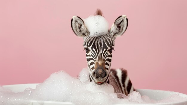 A cute zebra sits in a bathtub with plenty of foam on his head